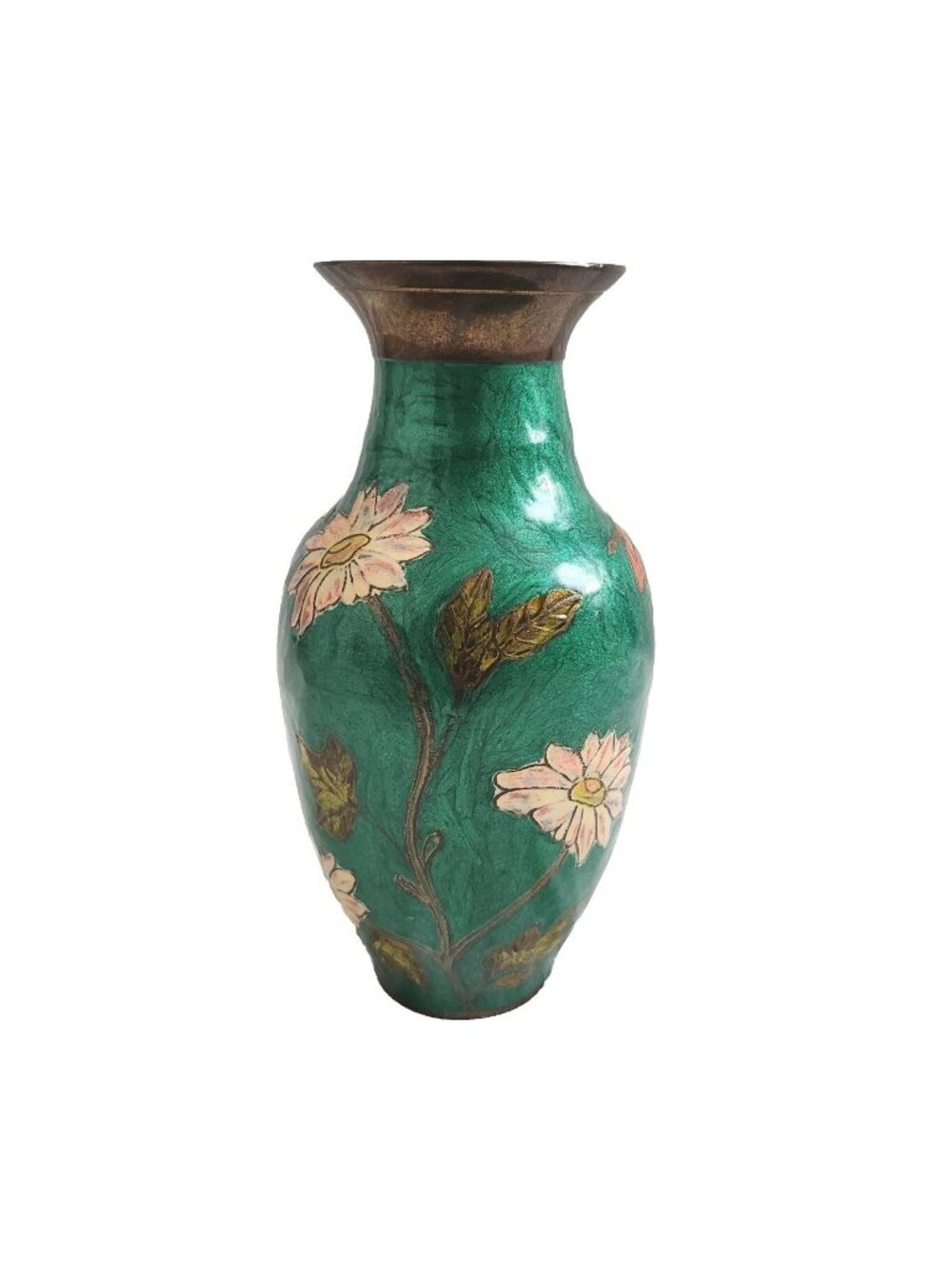 Heavy Solid Brass Cloisonne Vase Enameled Green with White Flower Pattern India